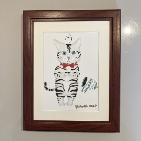 【アート】　かわいい猫の絵　アメリカンショートヘアー　小鳥が逃げた