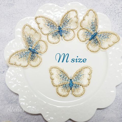 3cm×4cm　Mサイズ ６枚♡バタフライ　刺繍　レース　ゴールド×グリーン　