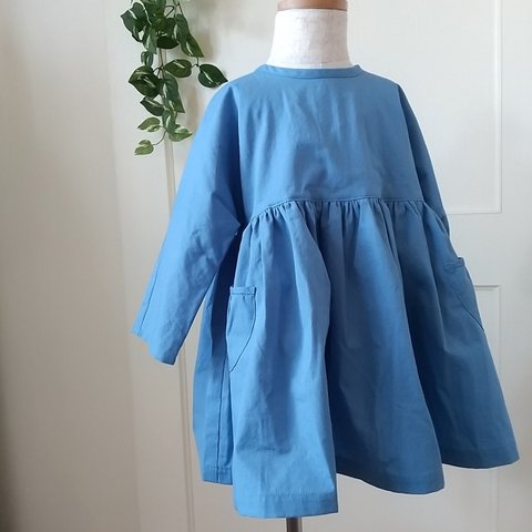 長袖ワンピース　綿100%　スモーキーブルー　ベビー服　90cm