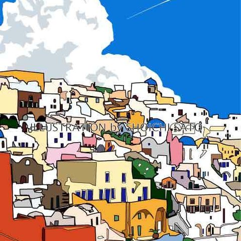 版画作品　風景イラスト「Pastel townⅡ」　フレーム（額）入り　（ギリシャ・サントリーニ島のかわいい街並み♪） 
