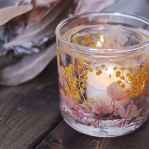 Happy Flower glass candle　mimosaⅱ（キャンドルホルダー/ハンドメイドキャンドル/ソイキャンドル/紫陽花//黄色/ミモザ）