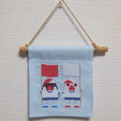 図案「文鳥運動会」クロスステッチ刺繍