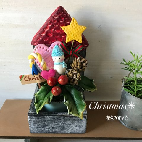 再販🎄粘土花🌼楽しいクリスマス＊木製お家スタンドブリキバケツのほんわか雪だるま⛄レッドのみ💗