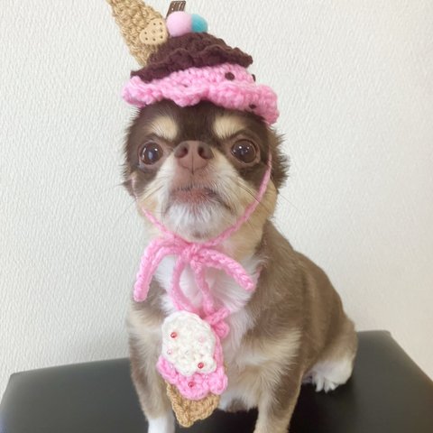 犬用＆猫用  コーン付きチョコ＆ストロベリーアイス帽子  ダブルアイスクリームネックレス 夏用変身グッズ