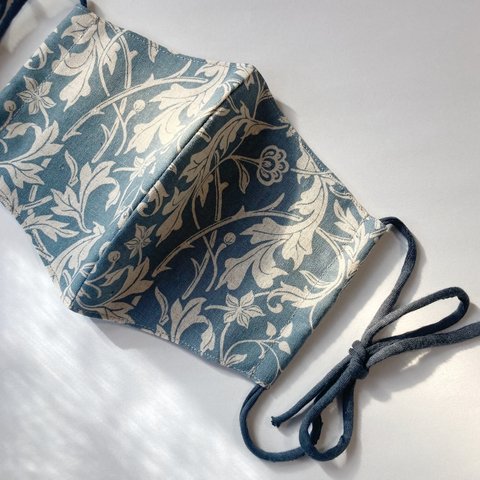 damask flower  ribbon mask 〈blue〉【おしゃれ 大人 立体 マスク  リボンマスク　フィルターポケット　マスクカバー　布マスク　　ボタニカル　紐　ダマスク柄　花柄 】 