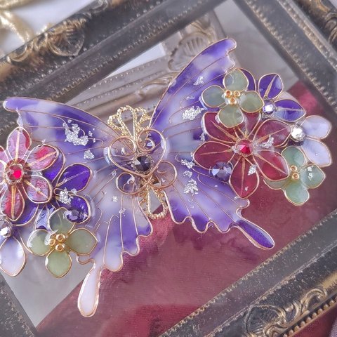 （B）アネモネとマーブルの蝶バレッタ（hair ornaments of butterfly and botanical flower〜anemone〜）