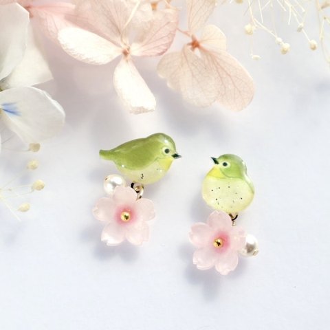 new✨メジロと桜🌸のピアス・イヤリング　春