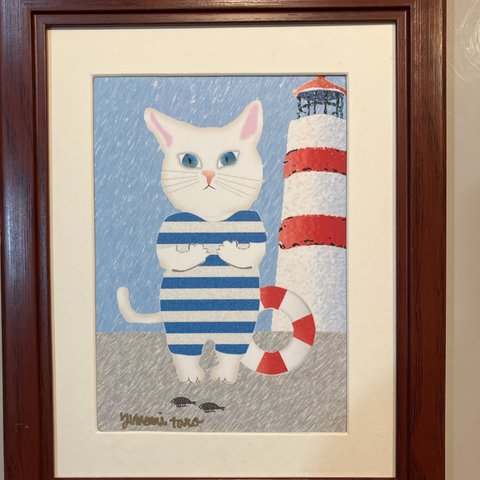 【アート】　かわいい水着姿の猫の絵　白猫　海　灯台