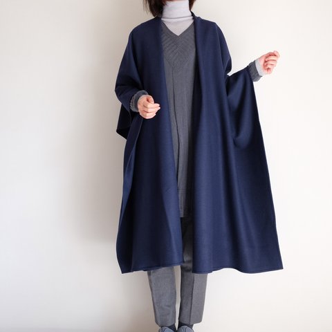 新作・ロング ケープ コート Re_1say /圧縮 ウール ジャージー【 ネイビー 】 long cape / wool jersey【 navy blue 】