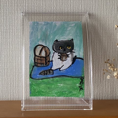 絵画。原画【かわいい猫がピクニックをしている】