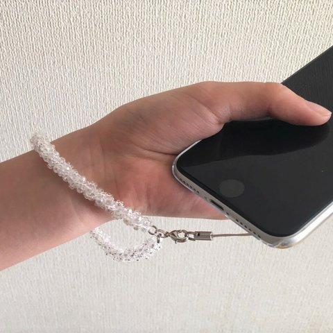 ビーズクロッシェのスマホストラップ　クリアクリスタル＜送料込＞