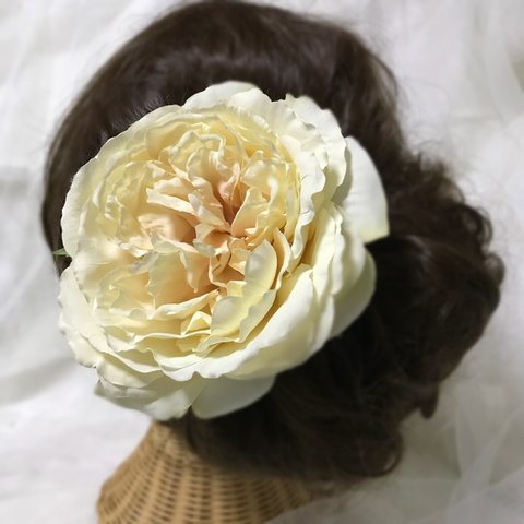 ウェディングヘッドドレス クリーム色の大きなバラ
