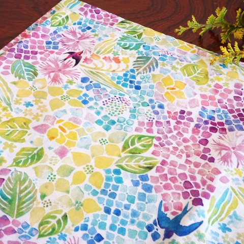 紫陽花とツバメ　大判ハンカチ　スカーフ