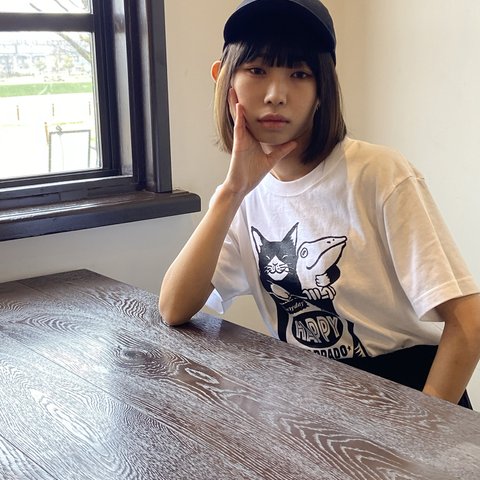 猫とカエルのTシャツ（ホワイト）【M】男女兼用