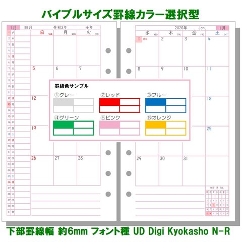 2020年）206【Hi-Valueシリーズ】バイブルサイズ　カラー罫線　見開月間　日曜始まり　六曜無