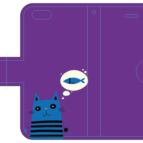 新品送料無料 iPhoneケース 手帳型 魚思うネコ 紫 猫 ねこ ネコ CAT キャット neko