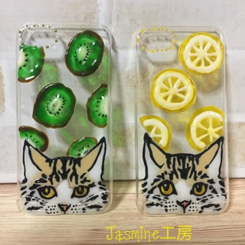 ステンドグラス風✨レモン🍋キウイ🥝キジトラ バージョンiPhoneケース