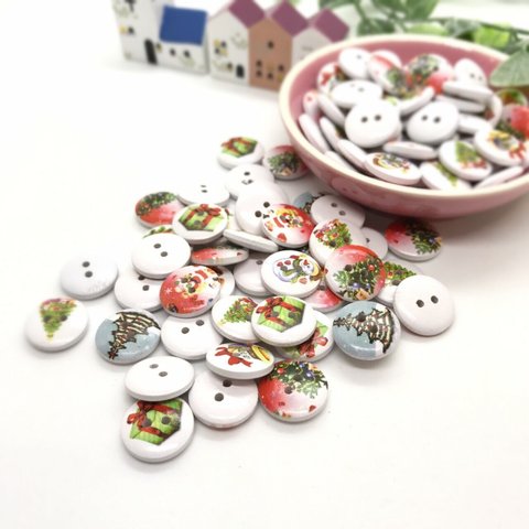 【木製ボタン】20個☆やさしいクリスマスイラストの ラウンドボタン☆(き14)
