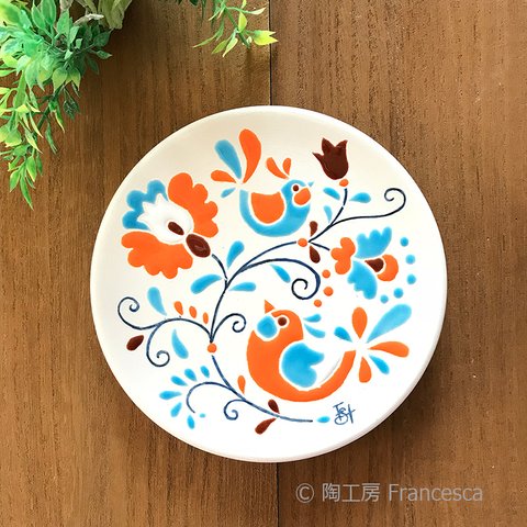 スペインタイルアート：花と鳥の飾り皿(小)C