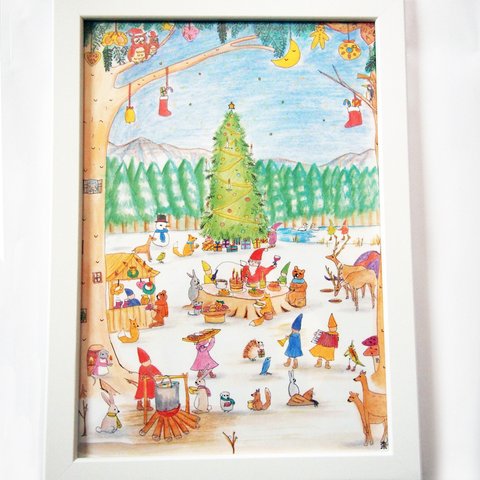 A4イラスト　森のクリスマス　※一部手描き入れ、白フレーム付き　