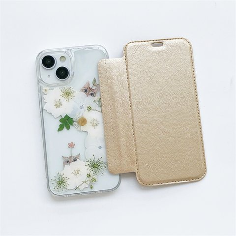 『千鳥草＆猫柄』  押し花 選べる5色 手帳型スマホケース iPhoneケース iPhone14Pro/13Pro/12Pro/SE/11Pro/XR/XS/8/7