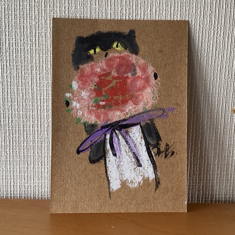 絵画。原画【花屋からきれいな大きな花束の黒猫を買った】