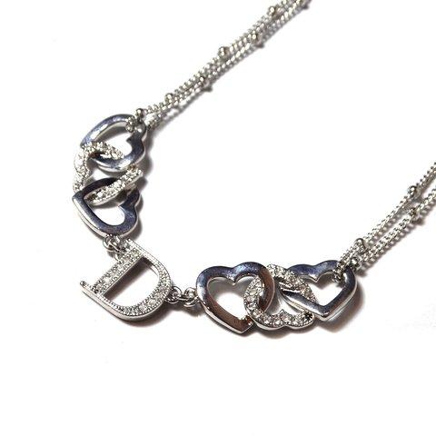 「Christian Dior」 Vintage Silver Tone Rhinestone Heart Design Double Chain Necklace 