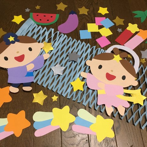 大きな壁面飾り☆一緒に作ろう 七夕     お星さま短冊10枚付き  織姫 彦星 幼稚園保育園施設病院