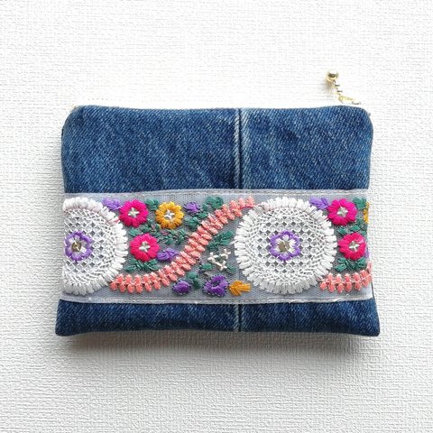 インド刺繍リボンポーチ ＊ フラットポーチ    ミニポーチ