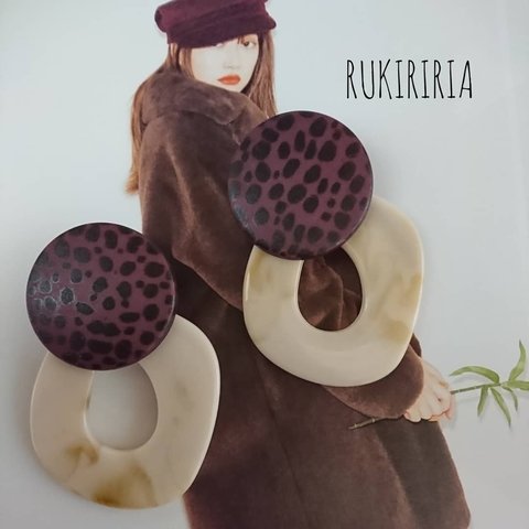 RUKIRIRIA #201 レオパードピアス 大ぶりピアス 大理石ピアス  くすみパープル イヤリング 