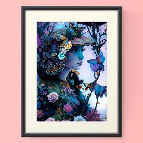 『原画』幻想的できらびやかな帽子がゆめかわいい森の中の魔女と花や蝶 グラフィック絵画