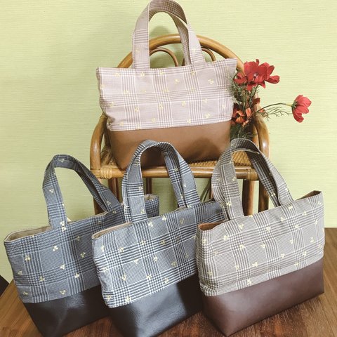 チェック×チェリーゴールド柄　トートバック　Checkered and Cherry Gold Pattern Tote Bag