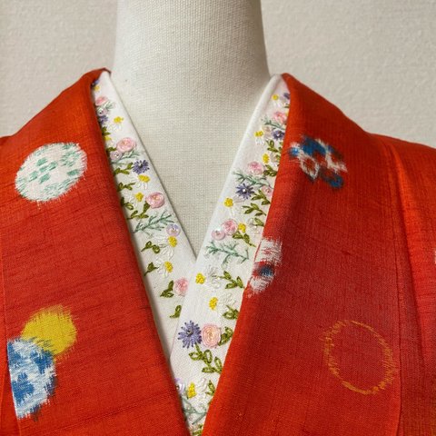 綿麻　ビーズ春花刺繍半襟