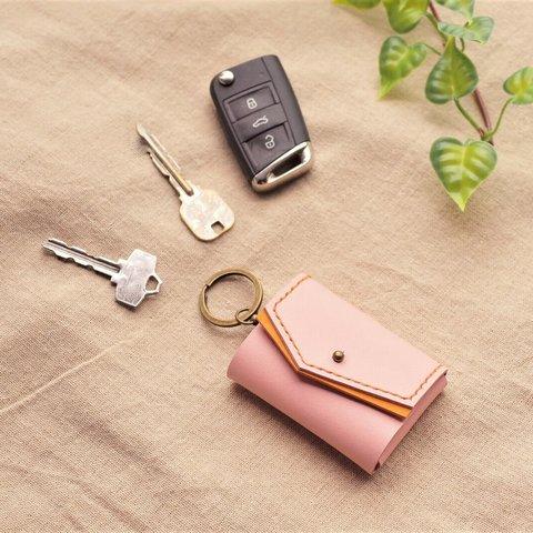  ✻　🚗スマートキーケース　～simple ◐two-tone ～　✻ 　牛革　✻　桜ピンク　×　濃キャメルオレンジ　✻ 