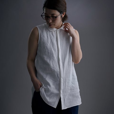 【wafu】雅亜麻 linen shirt 　丸襟 比翼 シャツ  インナーとしても/白色 p018a-wht1