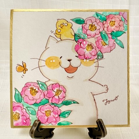 ニコ達と牡丹のお花【ミニ色紙原画】