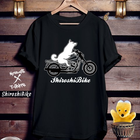 柴犬バイク黒Tシャツ「ShiroshiBike｣