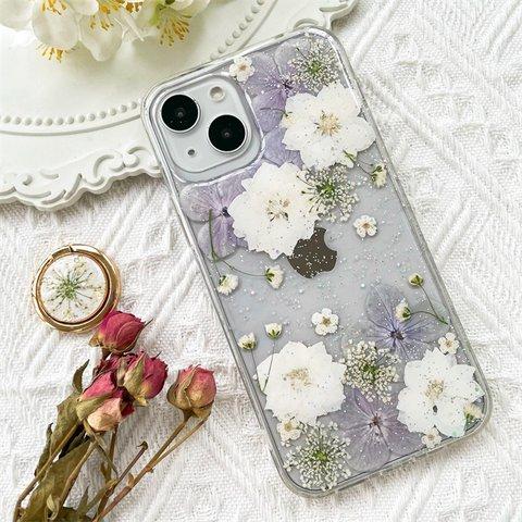 紫陽花押し花スマホケース、全機種対応、ストラップホルダ一、iFace風、手帳型、iPhone14、iPhone14Pro、iPhone14plus、iPhone13、iPhone12、iPhone8