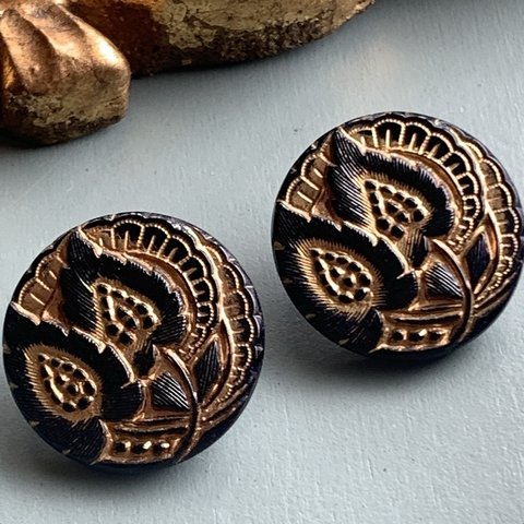 【1コずつ販売】#czech beads#czechglass#czech button#チェコボタン18㍉ botanical black/bronze 金具タイプ