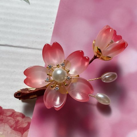 硝子花のヘアクリップ　桜小枝