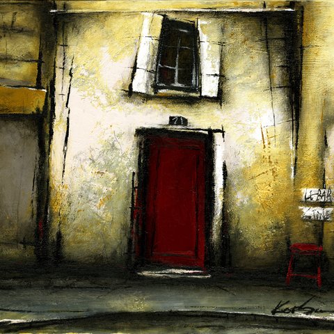 風景画 パリの街角 油絵「裏通りの赤い扉のアパートメント」