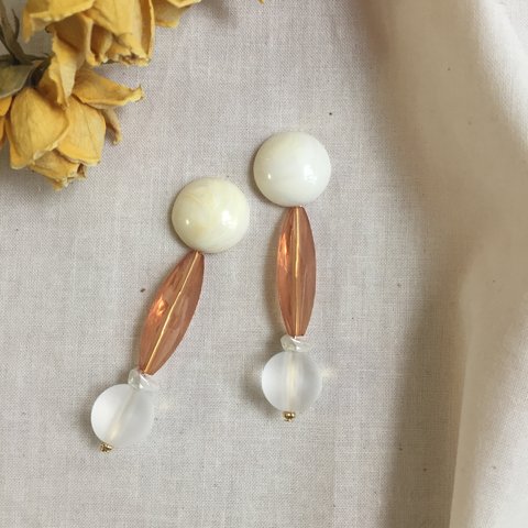 019 whitemarble×orangestick×clearbeads ピアス/イヤリング