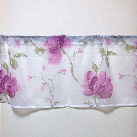 紫 花柄 カフェカーテン 幅100 丈45 パープル シルバーラメ レースカーテン