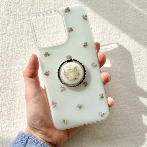  【kindness/blue】 スマホリング付き　押し花スマホケース　SE2 8 X 11 pro 6 12 13 14 15 android xperia 全機種対応 花柄　小花　ブルー くすみ