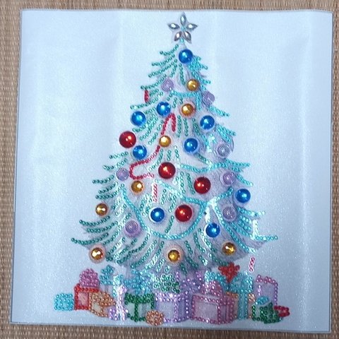 ハンドメイド　クリスマス　飾り　ダイヤモンドアート　完成品　クリスマスツリー　ツリー　ブルーグリーン系　ダイヤモンドペインティング　