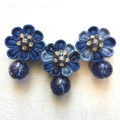 👑💎Fancy amiga denimイヤリング💎Swarovski blue×crystal color💎青のベネツィアでおめかしver.👑  シルバー 紫陽花 お出かけ ギフト