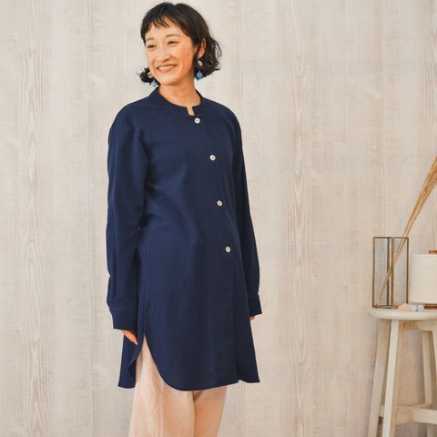 スタンドカラーロングシャツ 高島ちぢみ 葦布《navy》