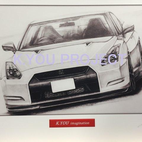 【鉛筆画】スカイラインR35GT-R　A4サイズ　額入り　送料無料