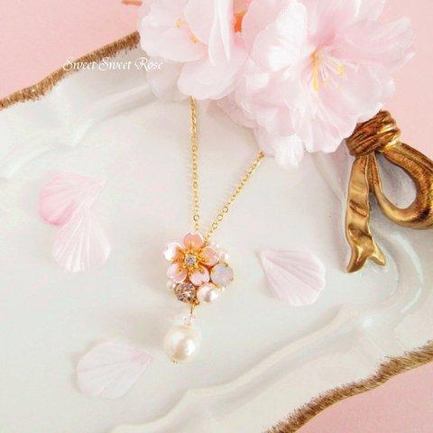 【再販】桜ビジューとパールのネックレス ～Sweet Pink～　桜/さくら/花/フラワー/ビジュー/パール/卒業式/入学式/春