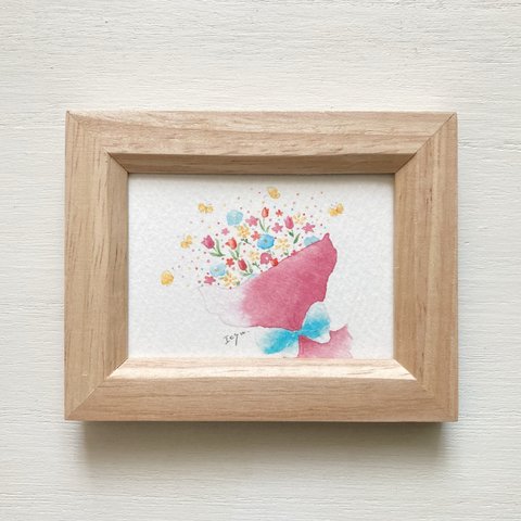 🌸「幸せの花束」水彩画イラストミニ額  花　フラワー　プチギフト　蝶々　ちょうちょ